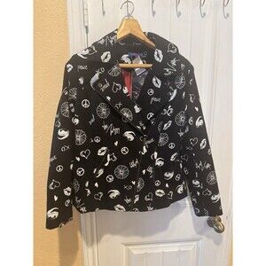 LOVE TWIGGY Size M Graffiti Print Jacket Weather Pattern BLACK